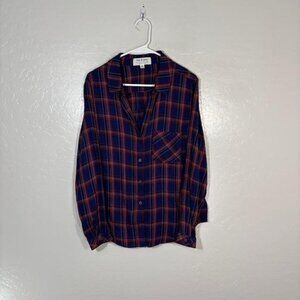 Cloth & Stone Shirt Womens Large Blue Red Plaid Button Front Rayon Anthropologie